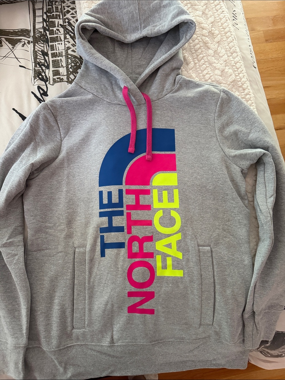 The North Face Grey Hoodie with Blue, Pink & Neon Yellow Logo